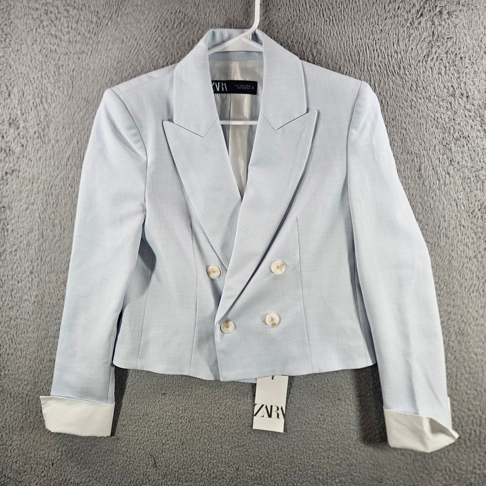 Zara Women Light Blue Cropped Double Breasted Blazer Jacket Size S NEW NWT